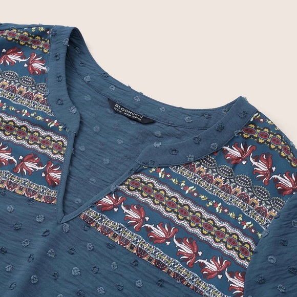 Boho Print Patchwork Texture Notched Blouse - Picture 4 of 6